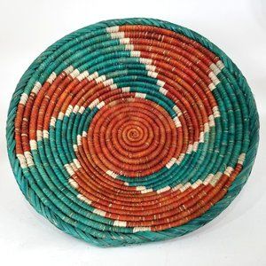 Hand Woven Basket Bowl Round Sun Swirl Coil Teal Blue Brown Table Wall Decor 18"